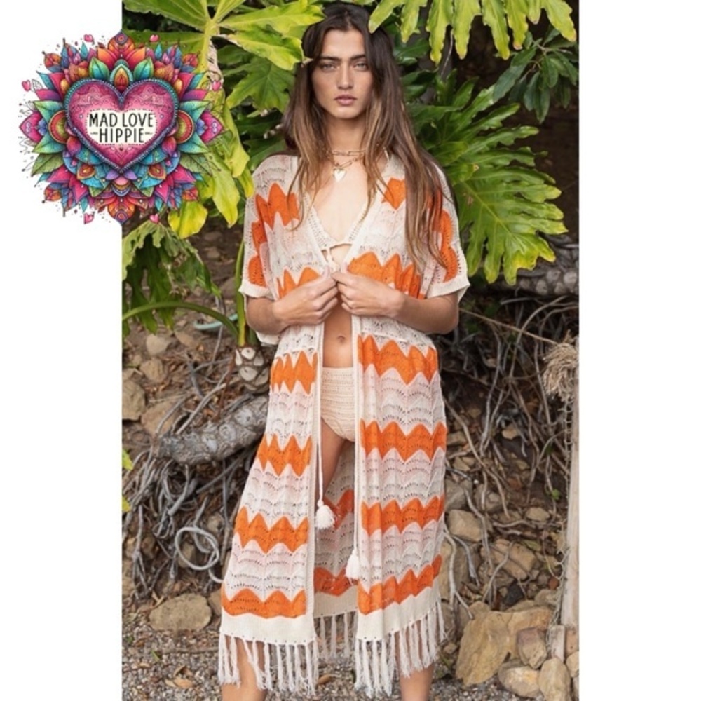 POL Cream & Orange Striped Crochet Cardigan with Fringe - Picture 2 of 8
